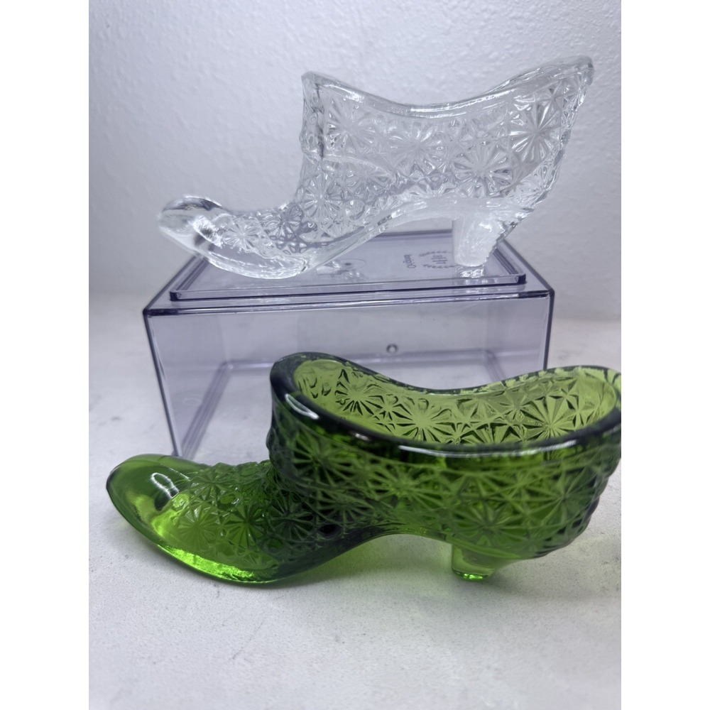 Lot of 2 Vintage Fenton Daisy & Button Emerald Green & Clear  Glass Shoe Slipper